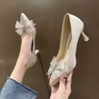 Mesh Bow Pointed Kitten Heel Faux Leather Pumps