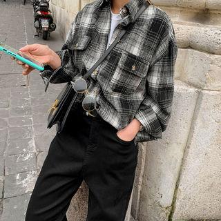 Flap-pocket Plaid Flannel Shirt Black - One Size