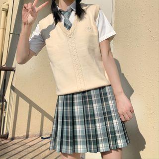 Set: Plaid Pleated Mini A-line Skirt + Bow Tie