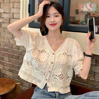 Short-sleeve V-neck Perforated Cropped Blouse Almond - One Size