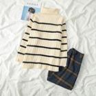 High Neck Striped Sweater / Plaid Midi Skirt