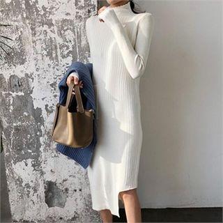 Mock-neck Asymmetric-hem Rib-knit Dress Ivory - One Size