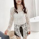Long-sleeve Perforated Lace Front Knot Top
