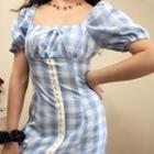 Color-block Plaid Puff-sleeve Dress