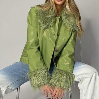 Fluffy Collar Patent Leather Jacket