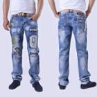 Applique Washed Straight Cut Jeans
