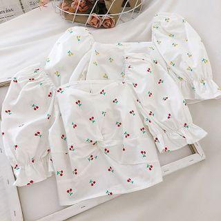 Cherry Puff-sleeve Knotted Blouse