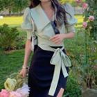 Puff-sleeve V-neck Blouse / Asymmetrical Pencil Skirt