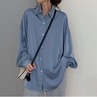 Long-sleeve Plain Draped Sheer Shirt