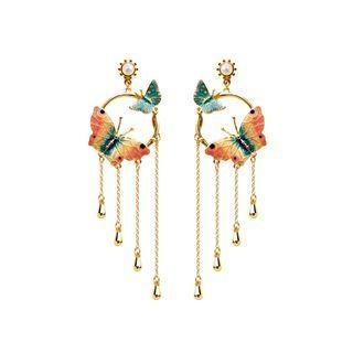 Fashion And Elegant Plated Gold Circle Enamel Butterfly Tassel Earrings With Imitation Pearls Golden - One Size