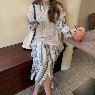 Set: Striped Midi Shirtdress + Cable Knit Vest Shirtdress - Stripes - Green / Vest - Almond - One Size