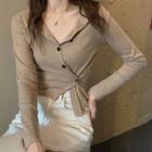 Long-sleeve Asymmetrical Button-up Knit Crop Top