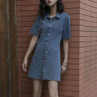 Short-sleeve Denim Mini A-line Shirtdress