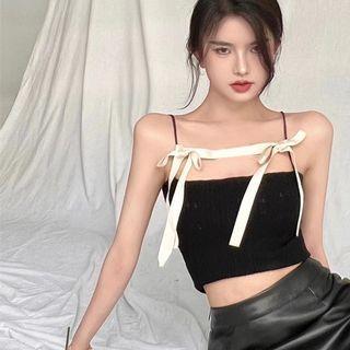 Plain Knit Ribbed Cropped Tube Top Black - One Size