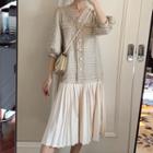 Elbow-sleeve Tweed Panel A-line Dress
