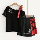 Set: Short-sleeve Sakura Embroidered Asymmetrical T-shirt + Asymmetrical Mini A-line Skirt