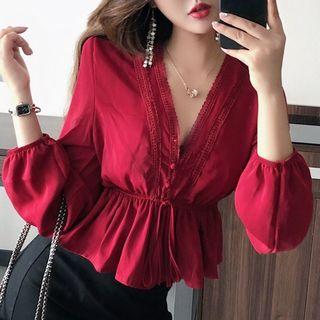 V-neck Lace Panel Lace-up Puff-sleeve Blouse