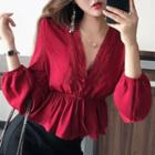 V-neck Lace Panel Lace-up Puff-sleeve Blouse