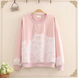 Round Neck Cat Printed Long-sleeve Sweater
