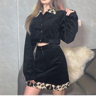 Leopard Print Panel Button-up Jacket / Mini A-line Skirt