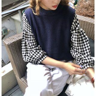 Crew-neck Knit Vest Blue - One Size