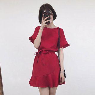 Short-sleeve Mini Ruffle Trim A-line Dress