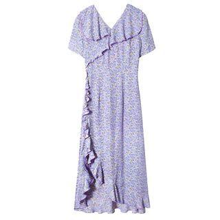 V-neck Ruffle Trim Floral A-line Dress
