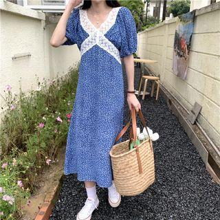 Short-sleeve Floral Print Lace Trim Midi Shift Dress