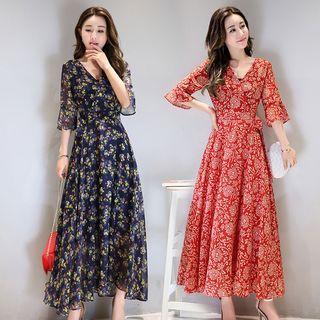 3/4-sleeve Floral Maxi A-line Chiffon Dress