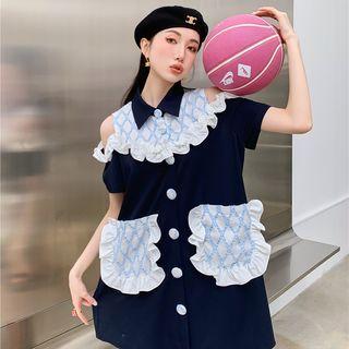 Elbow-sleeve Cold-shoulder Ruffled Mini A-line Dress