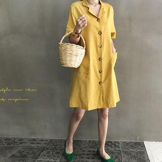 Notched-collar Dual-pocket Linen Shirtdress