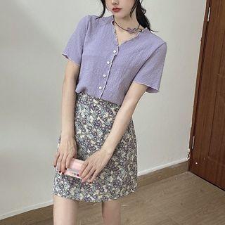 Set: Short-sleeve Blouse + Floral Print Mini A-line Skirt