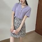Set: Short-sleeve Blouse + Floral Print Mini A-line Skirt