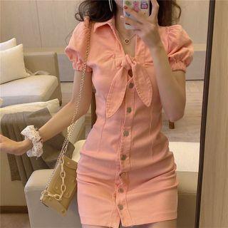 Tie-neck Short-sleeve Mini Sheath Dress