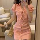 Tie-neck Short-sleeve Mini Sheath Dress
