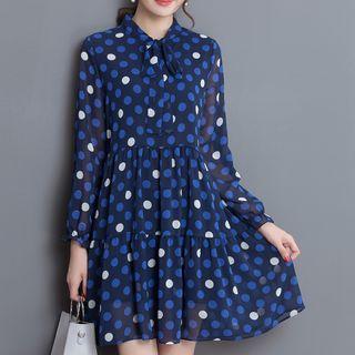 Long-sleeve Dotted Chiffon A-line Dress