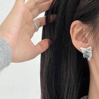 Rhinestone Bow Stud Earring E389 - 1 Pair - Silver & Blue - One Size