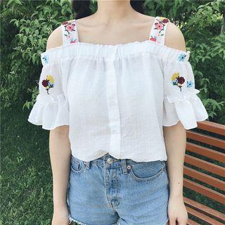 Flower Embroidered Off Shoulder Short Sleeve Chiffon Blouse