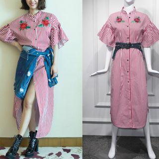 Floral Embroidered Striped Short-sleeve Midi Shirt Dress / Denim Belt