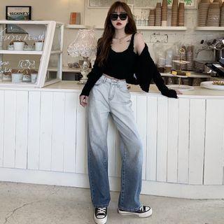 Set: Crop Tank Top + Light Cardigan / Gradient Wide-leg Jeans
