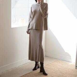 Set: Drop-shoulder Knit Top + Maxi Flare Skirt