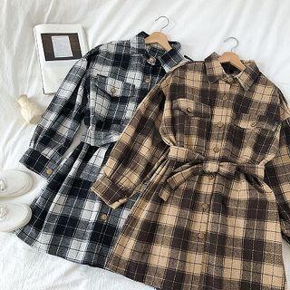 Color-block Plaid Lace-up Acrylic Long-sleeve Blouse