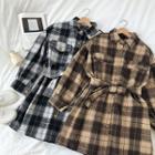 Color-block Plaid Lace-up Acrylic Long-sleeve Blouse