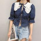 Striped Bell-sleeve Tie-front Blouse