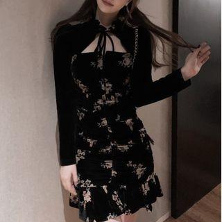 Floral Panel Velvet Mini Bodycon Dress