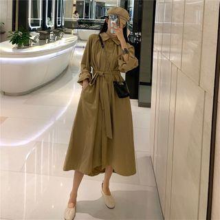 Tie-front Puff-sleeve Midi Shirtdress