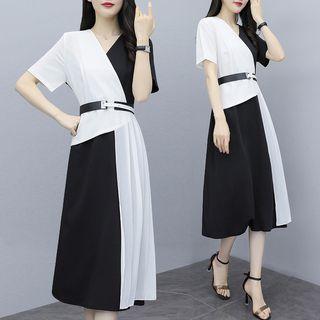 Pleated Panel Short-sleeve Midi Dress With Belt