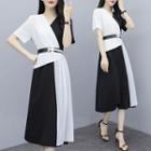Pleated Panel Short-sleeve Midi Dress With Belt