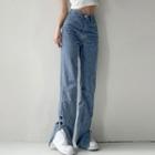 Heart Embroidered Slit Boot-cut Jeans