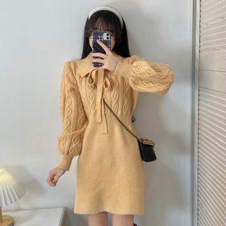 Long-sleeve Cable-knit Mini Collared Dress Yellow - One Size